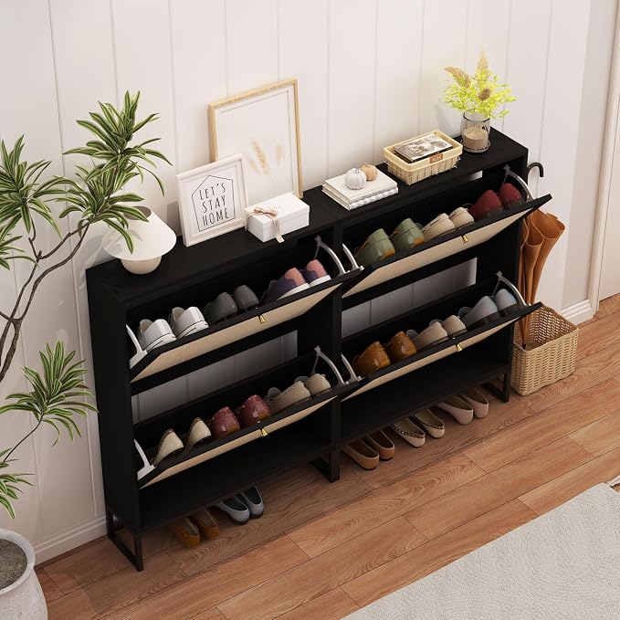 AVZEAR Narrow Shoe Cabinet with 2 Flip Drawer, Freestanding Shoe Organizer Shoe Cabinet Storage for Entryway, Slim Shoe Storage Shoe Rack for Closet with Linen Doors in Hallway, Living Room(Black) - Image 7