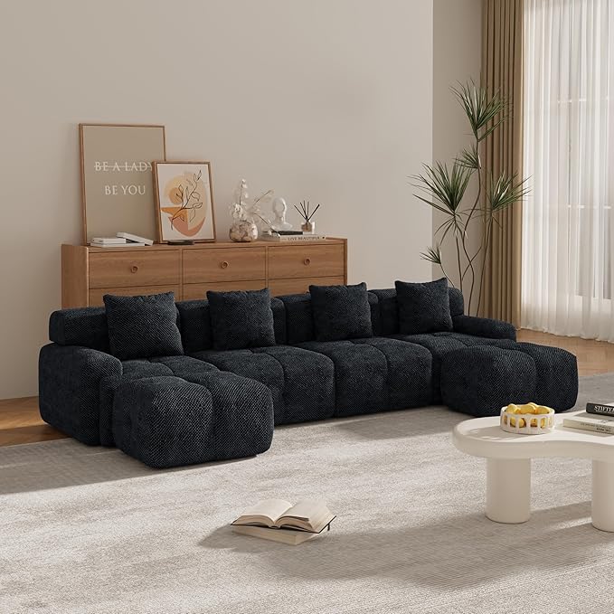 135" U-Shaped Compressed Sectional Cloud Sofa, Flannel Upholstered Modular Tufted Sofa with 6 Pieces, Symmetrical Boneless Foam Modular Cloud Couches for Living Room