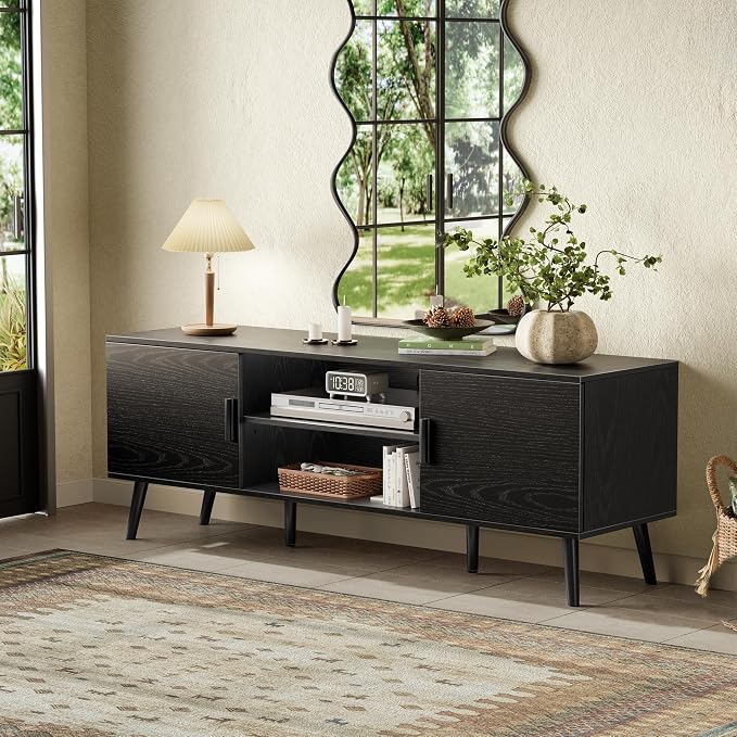SUPERJARE TV Stand for 55 Inch TV, Entertainment Center with Adjustable Shelf, 2 Cabinets, TV Console Table, Media Console, Solid Wood Feet, Cord Holes, for Living Room, Bedroom, Black - Image 9