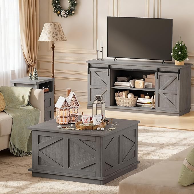 JUMMICO 31.5" Lift Top Coffee Table with Storage, Square Coffee Tables for Living Room, Center Table with Hidden Storage Compartment, Modern Farmhouse Design (Gray Wash)