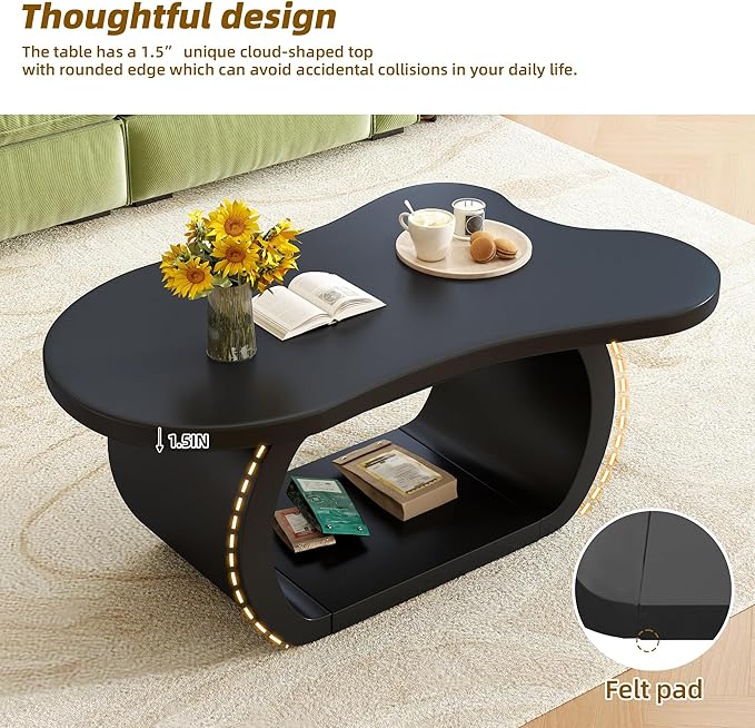 Merax Modern Cream Style Irregular Coffee Table with Round Edge & Shelf, Wood Cloud Accent Center End Tables for Living Room, Reception Room, Apartment, Easy Assemble, Black