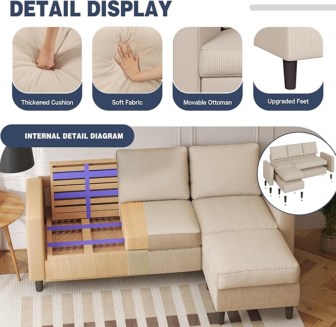 Shintenchi Small Sectional Sofa Couches,L Shape Convertible Sofa with Ottoman,3 Seat Comfy Corduroy Upholstered Sofa Couch,Small Couch for Apartment,Living Room and Office(Beige)