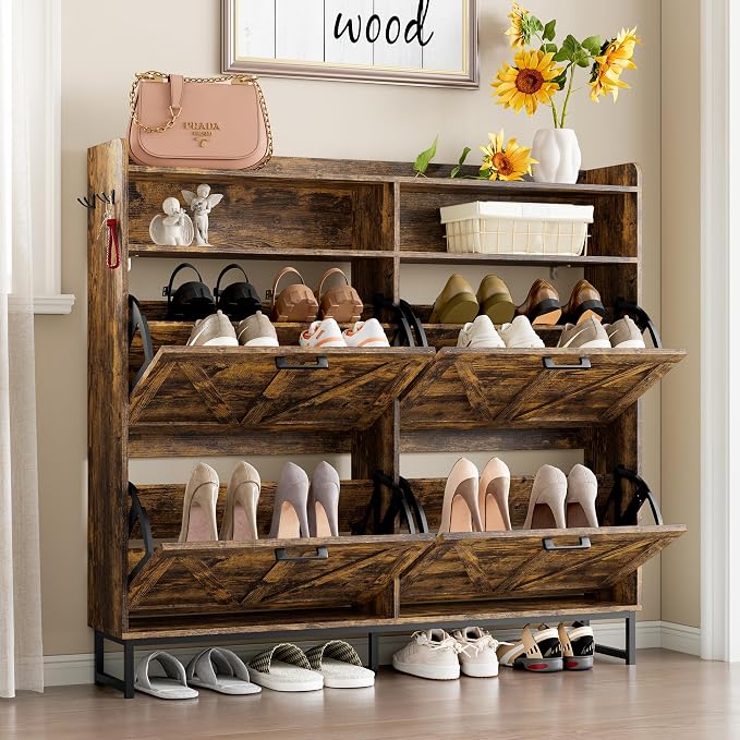 BORNOON Shoe Cabinet with 4 Flip Drawers Narrow Shoe Storage Cabinet Organizer Wooden Freestanding Shoe Rack Hidden Slim Shoes Storage Cabinet for Entryway, Hallway, Living Room, Bedroom - Image 3
