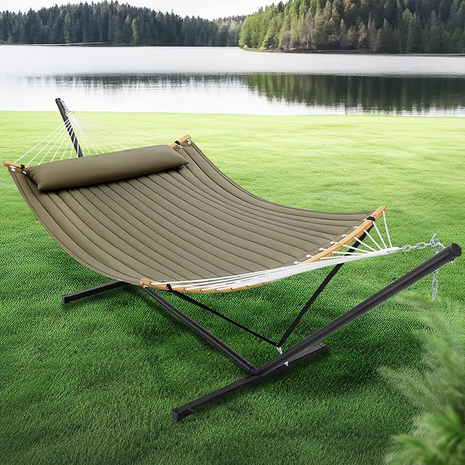 SUPERJARE Curved-Bar Hammock with Stand, 2 Person Heavy Duty Hammock Frame, Detachable Pillow & Portable Carrying Bag, Perfect for Outdoor & Indoor, Olive Gray - Image 2