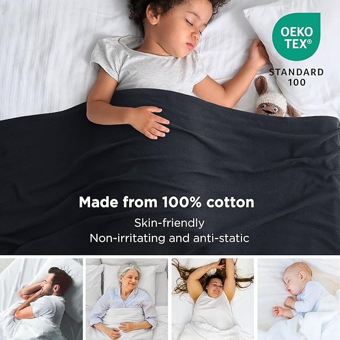 Bedsure GentleSoft 100% Cotton Large Throw Blanket for Couch 50x70 inches - Breathable and Lightweight, Soft Cozy Herringbone Woven Cotton Throw for Summer, Black Office Chair Blanket