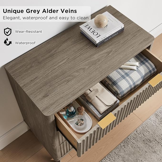 T4TREAM Fluted 3 Drawers Nightstand Set of 2, Oversized Extra Large Modern Side Table, End Table Bedside for Bedroom, Living Room, Curved Profile Design, Grey Alder - Image 4