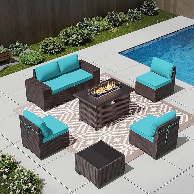 7 PCS Outdoor Patio Furniture Set,Outdoor Sectional Furniture with 43" 55000 BTU Gas Propane Fire Pit Table,All Weather PE Rattan Wicker Patio Conversation Set,Turquoise Blue