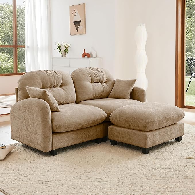 KEIKI 74" L-Shaped Oversized Chenille Modular Sectional Loveseat Sofa with 1 Ottoman, High-Density Foam Cushions, Tufted Pleated Cushion Backrest, 2-Seater Couch with 2 Pillow, for Living Room, Camel