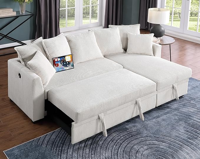 Modern Living Room Corner Convertible Sofabed Corduroy Upholstered Reversible Sleeper Sectional Sofa with 7 Pillow and USB Ports, L-Shaped Pull Out Sleep Couch Bed W/Reversible Storage Chaise Daybed