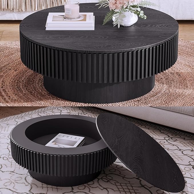 31.5'' Round Coffee Table with Storage, Modern Luxury Circle Drum Center Tables with Solid Wood Veneered, Accent Side Coffee Table for Living Room, Bedroom, Apartment-Black