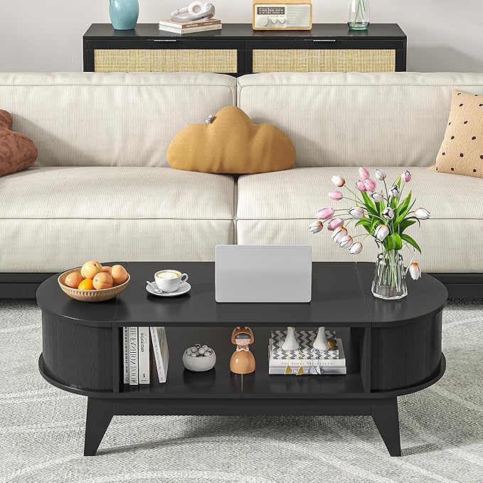 46.45'' Oval Coffee Tables for Living Room, Mid Century Modern Coffee Table with Storage, Wood Fluted Accent Center Table with Flip-Top Lids for Home,Office(Black)