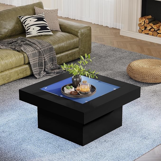 Square Coffee Table with LED Lights, 35.4" Coffee Tables for Living Room, Tempered Glass-top Coffee Table, Black Modern Center Table, Engineered Wood Low Coffee Tables for Home Office