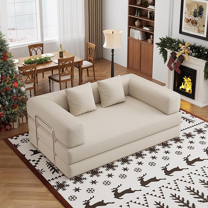 4-in-1 Foldable Sofa Bed Teddy Fabric Foam-Filled Compressed Couch, Beds Queen Size Convertible Sofa Couch Loveseat , Boneless Folding Sleeper for Living Room, Guest Bed, Playroom (Beige, 59” 2 Seat)