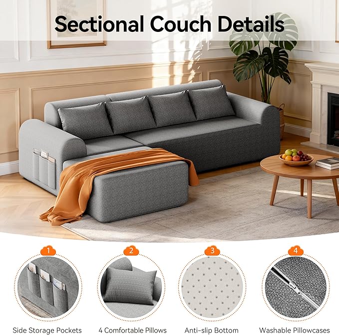 105.5" Cloud Boneless Sectional Sofa with Ottoman & 4 Pillows, L-Shaped 4-Seater Modular Couch for Living Room, Ultra Deep Seat Chenille Fabric Sofa, No Assembly Required, Light Grey