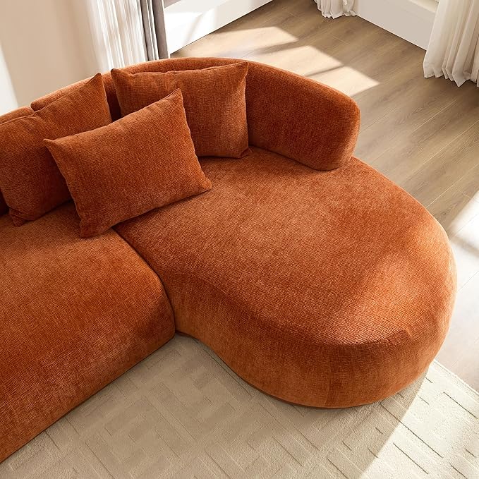 KEIKI 135" L-Shaped Oversized Boucle Sectional Sofa with Right Chaise, Modern 5-Seater Polyester Curved Couch with PU Leather Base & 6 Decorative Pillows, No Assembly Required, for Living Room, Orange