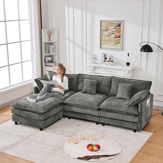 102" Modular Sectional Sofa, Premium Chenille Cloud Couch with Reversible Ottoman, L-Shaped Oversized Sofa with Side Storage Pockets for Multi-Scene Living Room & Home Office