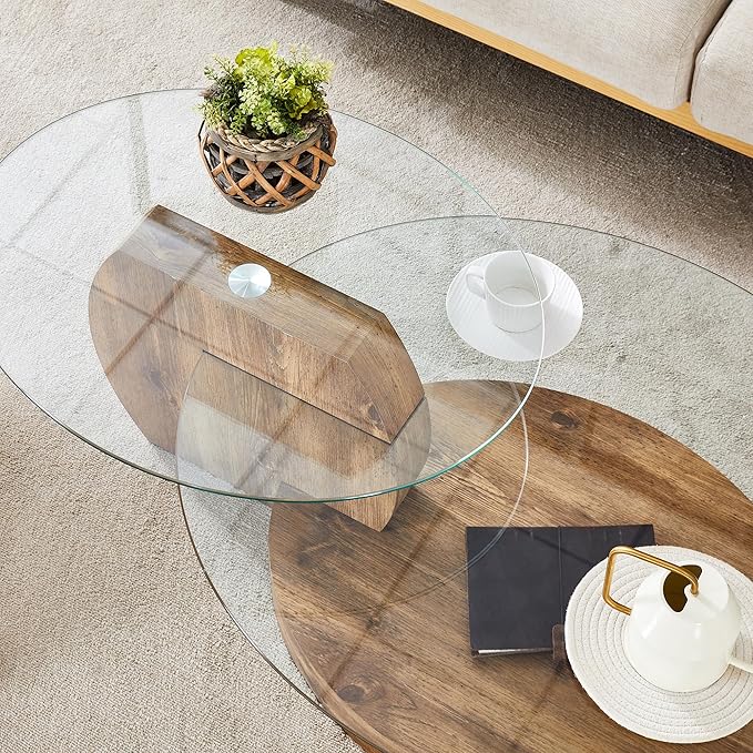 Ebullient Glass Coffee Table, 42" Round Coffee Table, 2-Tier Glass Tabletop with Dark Wood Base, Easy to Maintain and Assemble, Ideal for Dining Room, Living Room