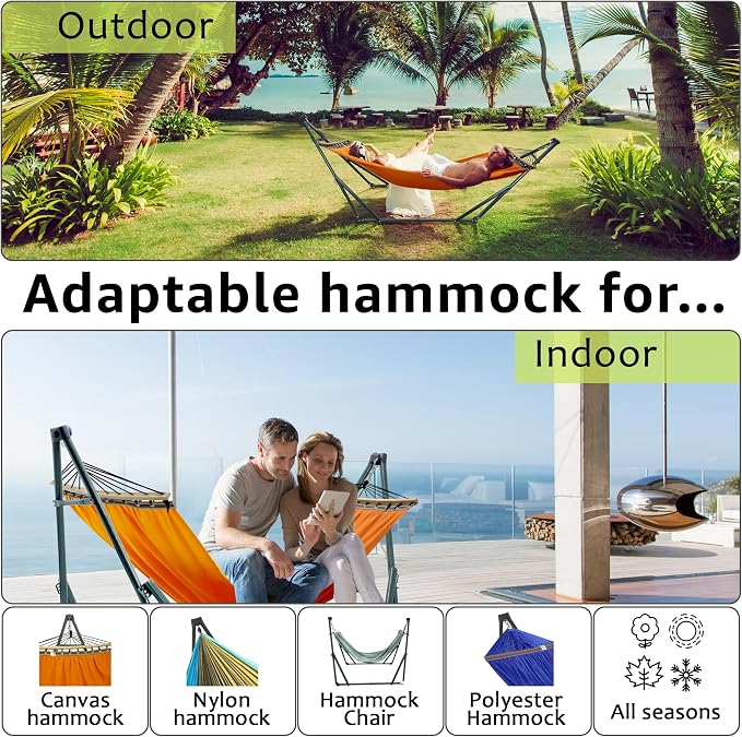 Tranquillo Sturdy Steel Hammock with Stand Premium Cotton Canvas Hammock, 600 lbs Capacity Hammock Stand Folding, Portable 30-Second Fold Unfold Hammock for Camping, Orange - Image 8