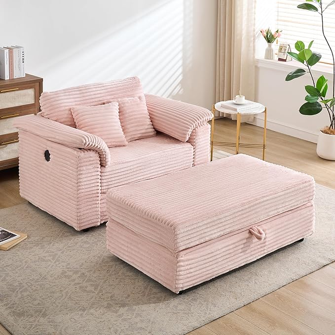 KEIKI 47.24 inch Corduroy Sofa, Wide Corduroy Armchair with Storage Feet and 2 Throw Pillows, Sleeper Couch for Living Room, Apartment, Salon, Home Theater, Pink
