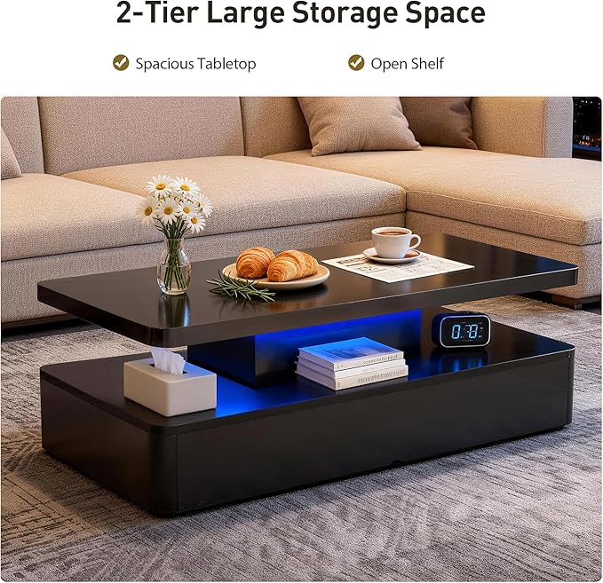 40" Modern Coffee Table with 16 Colors LED Lights, 2 Tier Rectangular Center Table with Large Storage Space, Stylish High Glossy Wooden Tea Tables for Living Room, Bedroom, Home Office, Black