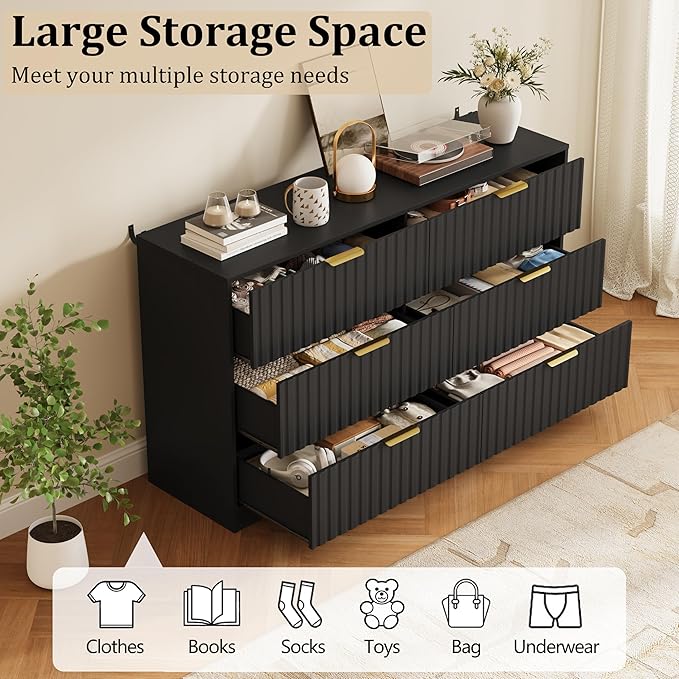 6 Drawer Dresser and Nightstand Sets for Bedroom, Modern Fluted 3 Pcs Bedroom Dresser Furniture Sets, Wood Chest of Drawers and Nightstand Set of 2 with Metal Handles, Black