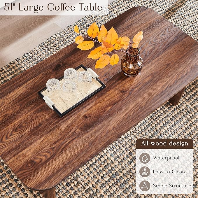 ACCOHOHO Modern Coffee Table for Living Room,51.2" Large Rectangle Wood Coffee Table with U-Shaped Legs & Sturdy Base Design,Center Table for Office,Apartment,Brown