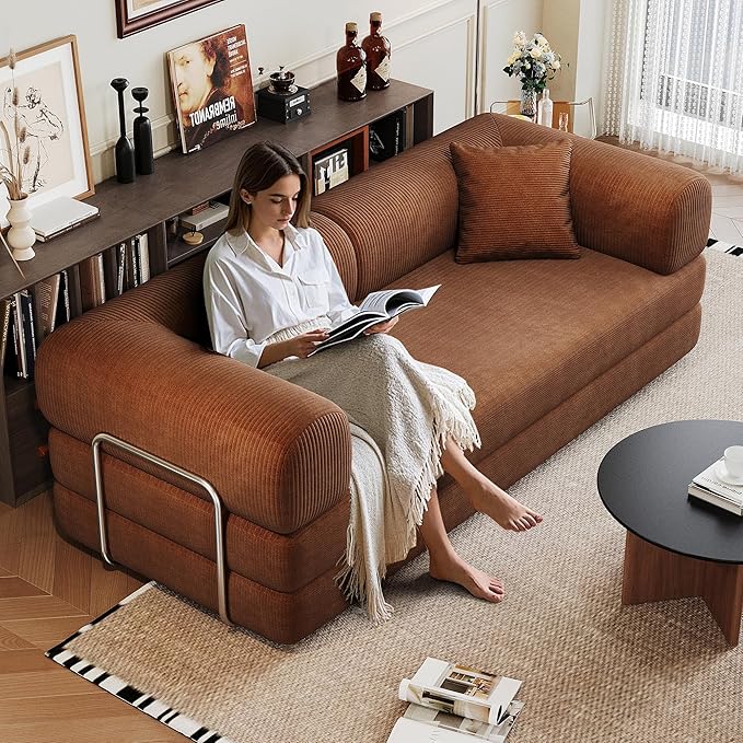 79" Convertible Sofa Bed, Corduroy Folding Pull Out Couch with Pillows, No Assembly Modern Boneless Couch Compression Sofa in Box, Floor Sofa with Support Rods for Living Room,Brown