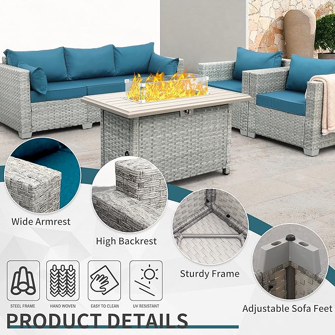 WAROOM Patio Furniture Set 4 Piece Outdoor Wicker Conversation Sets PE Rattan Couch Sectional Sofa with Fire Pit Table, Peacock Blue Cushion