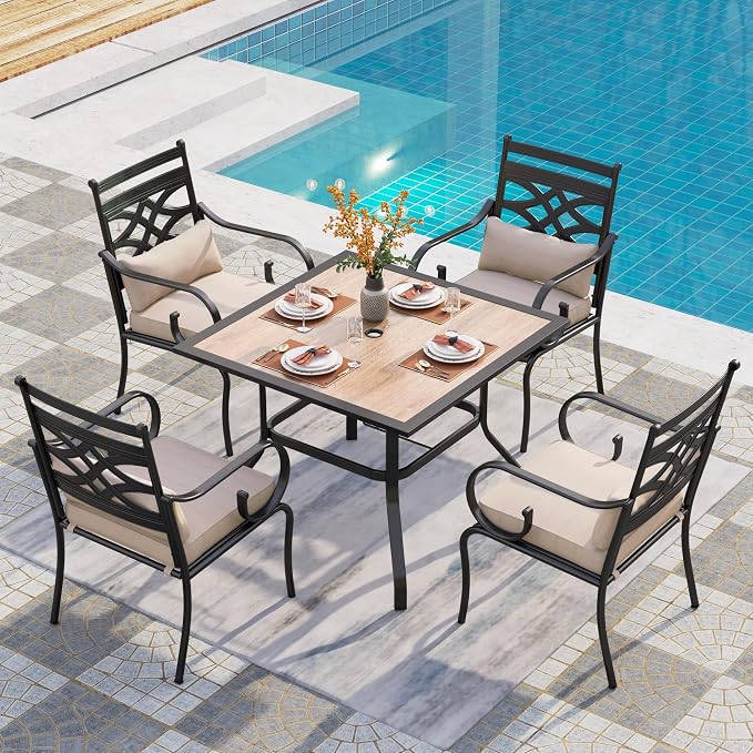 PHI VILLA 5 Pieces Outdoor Dining Set for 4, 37" Square Wood-top Metal Table & Wrought Iron Chairs, All Weather Large Outside Furniture with Cushions & Pillows for Patio, Deck, Porch by PHIVILLA