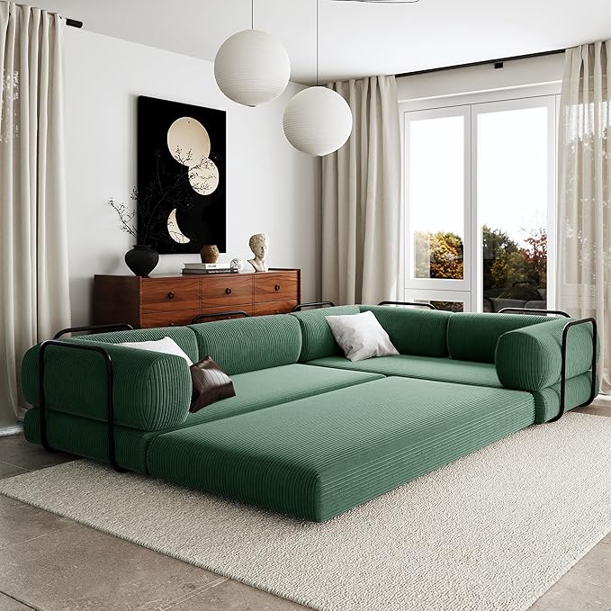 Merax L-Shaped Modular Sofa Bed in Corduroy Fabric, Convertible Sleeper Sofa Bed, 4 Seat Floor Couch for Living Rooms and Apartments, No Assembly Required, Green