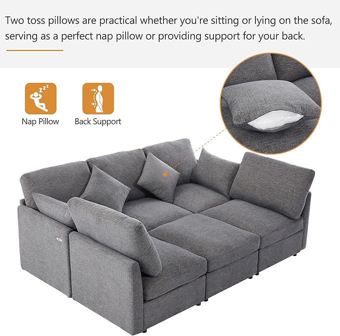 Eafurn 6 Seater Reversible Modular Sectional Sofa Convertible Sleeper Couch Bed, Free Combination Chenille Upholstered Corner Sofa Couches with USB Ports and Detachable Cushions (Grey)