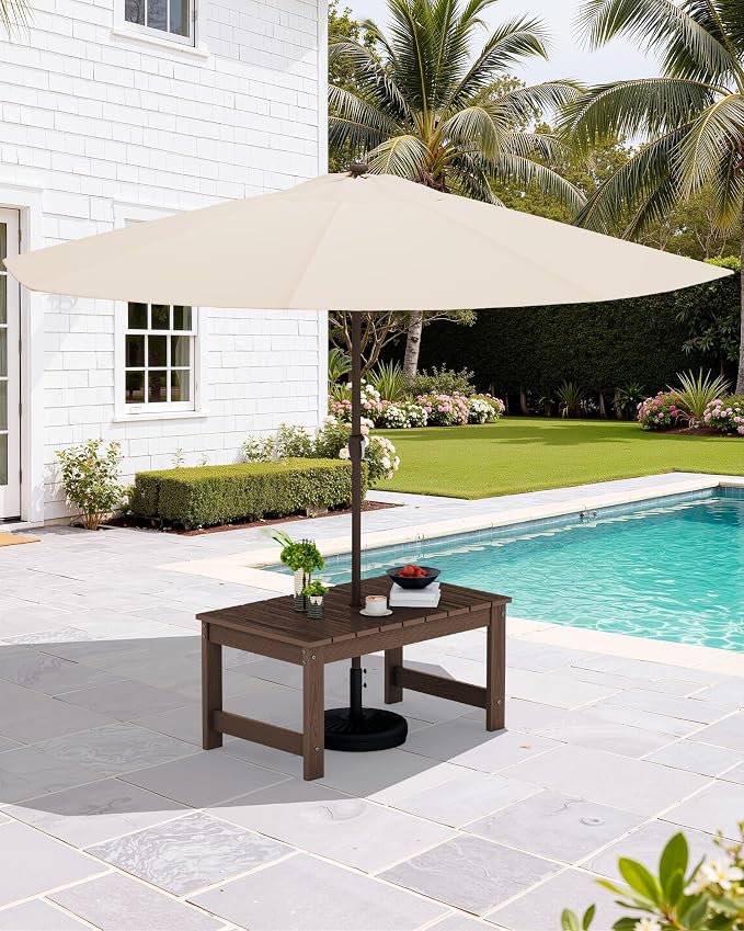 SERWALL Outdoor Coffee Table with 9FT Umbrella, HDPE Patio Coffee Table for Outside, Rectangle, Coffee(Not Include Umbrella Base) - Image 2