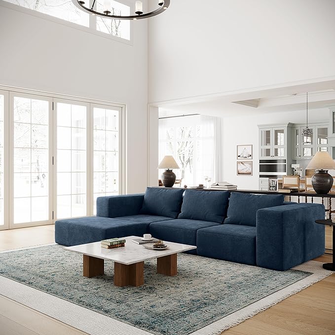 Acanva Oversized Modular Sectional Sofa with Removable Washable Slipcovers, Modern Low Profile Deep Seat Couch for Living Room, Chenille-Royal Blue, 3 Armless Chairs & 3 Armrests/Ottomans