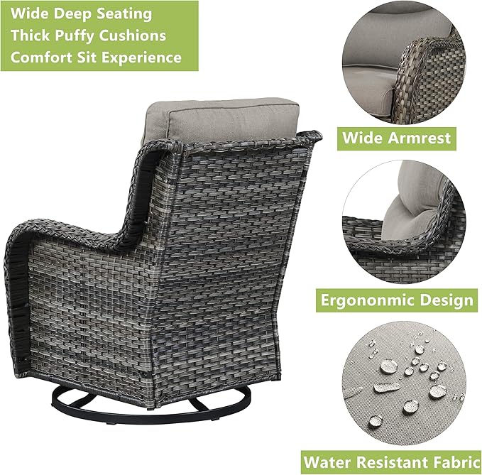 Rilyson Wicker Rocking Chair Swivel Chairs - 2 Piece Rocker Patio Chairs Set Rattan Rocking Chair for Outdoor Porch Deck Garden Backyard (Mixed Grey/Grey/Smile)
