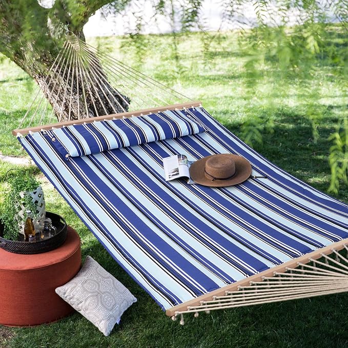 SUNCREAT Hammocks Quilted Fabric Hammock, Double Hammock with Spreader Bar, Soft Pillow, Max 475lbs Capacity, Blue Stripes - Image 7
