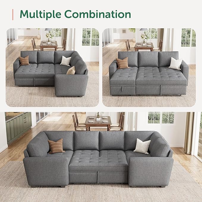 HONBAY Modular Sectional Sleeper Sofa with Pull Out Bed, Ottoman for Sectional Couch, Grey