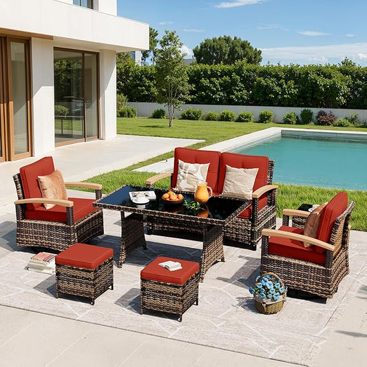 MEISSALIVVE 7 Pieces Patio Furniture Sets, PE Wicker Outdoor Conversation Sets with 2 Wood Armrests Swivel Rocker Chairs, 2 Ottomans, 2-seat Sofa and Dining Table (Red)