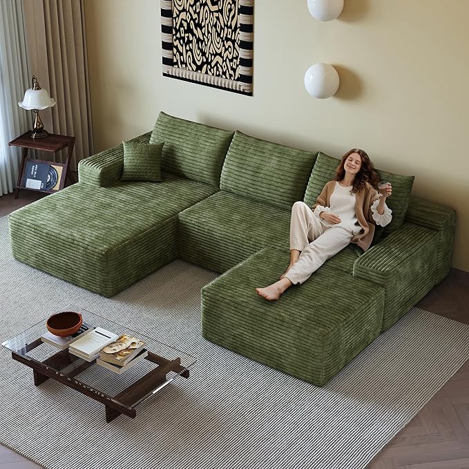 107" U Shaped Cloud Corduroy Couch with Ottoman, Comfy Sectional Boneless Couches for Living Room Bedroom, Deep Seat Sleeper Compression Sofa, No Assembly, Left Facing Chaise, Green