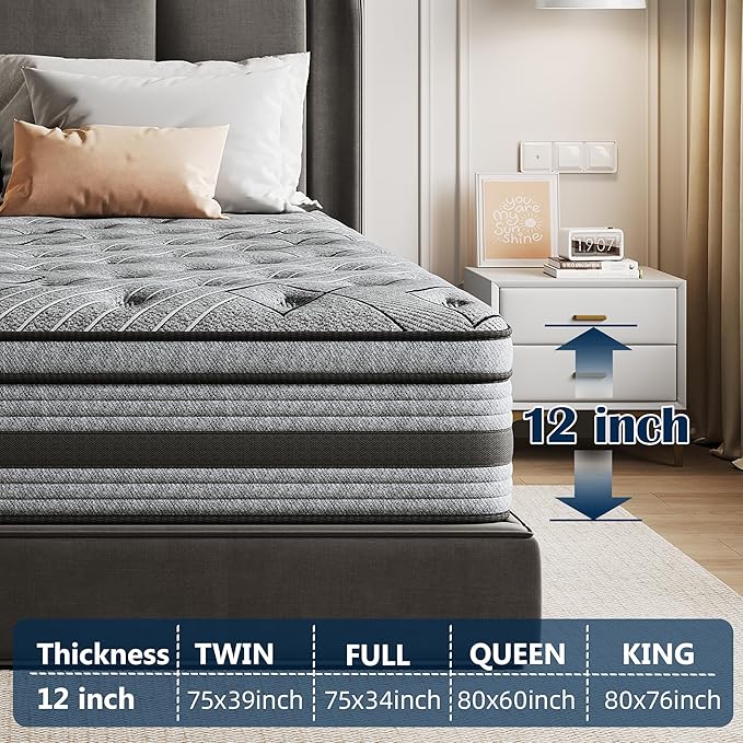 Queen Mattress,12 Inch Queen Size Mattress in a Box,Memory Foam Hybrid Queen Mattresses with Individual Pocket Springfor Motion Isolation&Silen