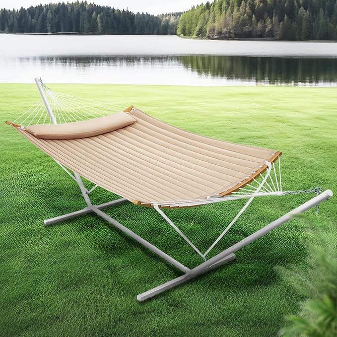 SUPERJARE Hammock with Stand, 2 Person Heavy Duty Hammock with Padded Cotton, Detachable Pillow & Strong Curved-Bar & Portable Carrying Bag, Perfect for Outdoor & Indoor, Beige - Image 2