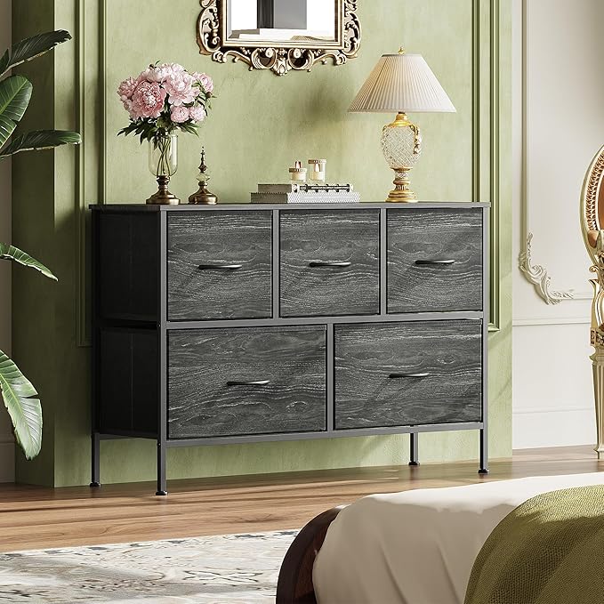 WLIVE Dresser for Bedroom with 5 Drawers, Long Storage Dresser, Fabric Dressers, Storage Drawer Unit with Fabric Bins for Closet, Hallway, Charcoal Black Wood Grain Print, Size L - Image 4