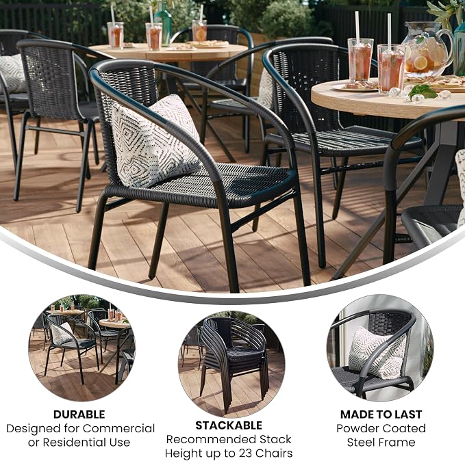 EMMA + OLIVER Set of 4 Modern Rattan Indoor/Outdoor Stack Chairs, Stacking Rattan Patio Chairs with Curved Back and Cross Bracing, Gray - Image 5