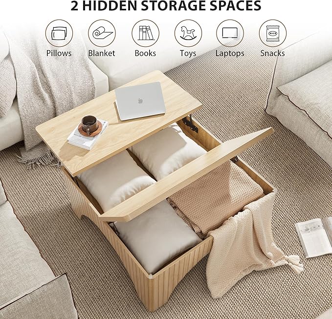 Square Coffee Table, 39'' Large Lift Top Coffee Table with Flip-Top Hidden Compartment Farmhouse Fluted Center Table Wooden Tea Table for Living Room, Apartment, Office (Natural)
