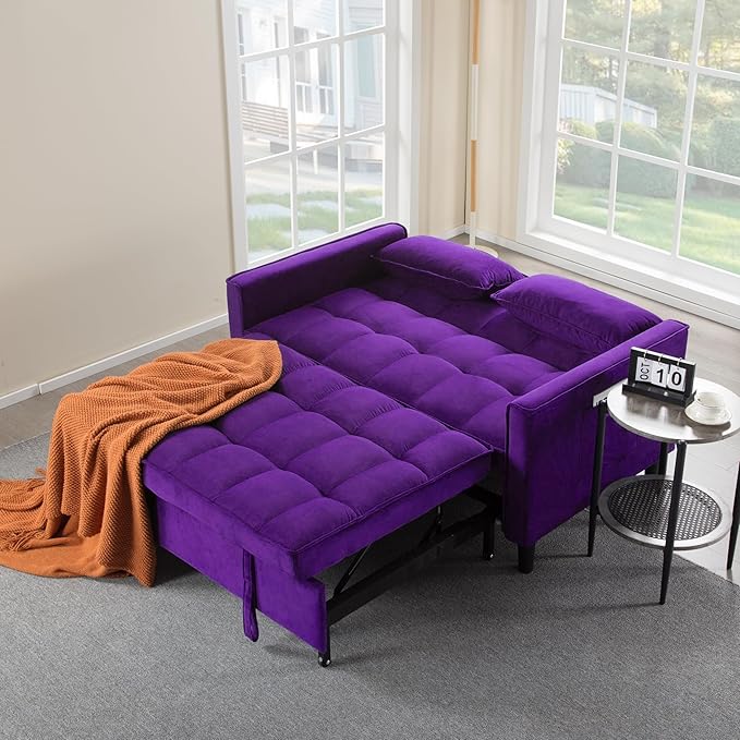 3 in 1 Convertible Sofa Bed, Love Seat Sleeper Bed with Side Pockets, Velvet Fabric Pull Out Couch with Adjustable Backrest for Living Room, Bedroom, Apartment, Purple