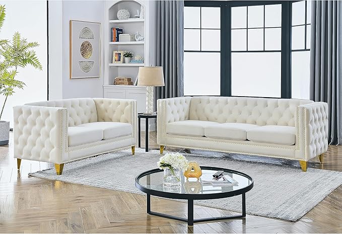 KEIKI Tufted Velvet 3+2 Seat Sofa Couch for Living Room, Buttons Tufted Square Arm Couch for Home Apartment, Beige