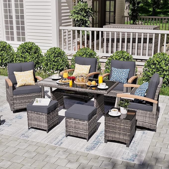 MEISSALIVVE 8 Pieces Patio Furniture Sets, PE Wicker Outdoor Conversation Sets with 2 Wood Armrests Swivel Rocker Chairs, 2 Fixed Single Chairs, 2 Ottomans and Dining Table(Grey)