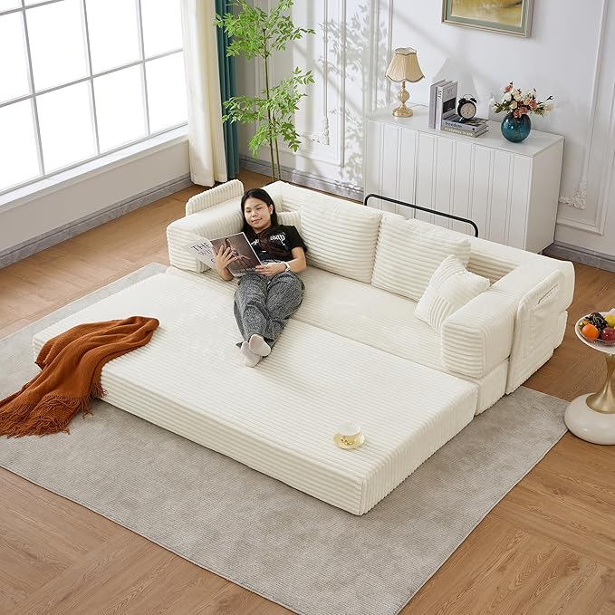 Convertible Sleeper Sofa Bed with Cylindrical Pillow, 3 in 1 Corduroy Folding Mattress Couch,Floor Sofas Lounge Couches w/Fixed-Shape Frame for Living Room,Ivory