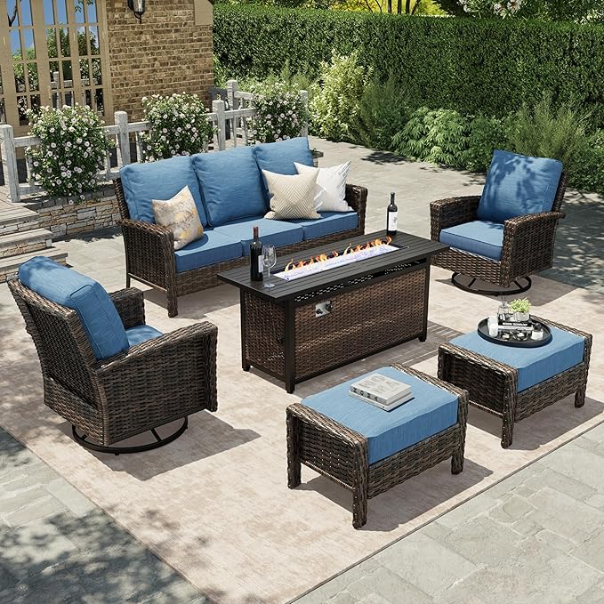 HERA'S HOUSE Wicker Patio Furniture Set, High Back Swivel Chairs with 5.5-Inch Thick Cushions, 6-Piece Outdoor Deep Seating Conversation Sets with Fire Pit Table & Ottomans for Deck Yard Garden, Blue