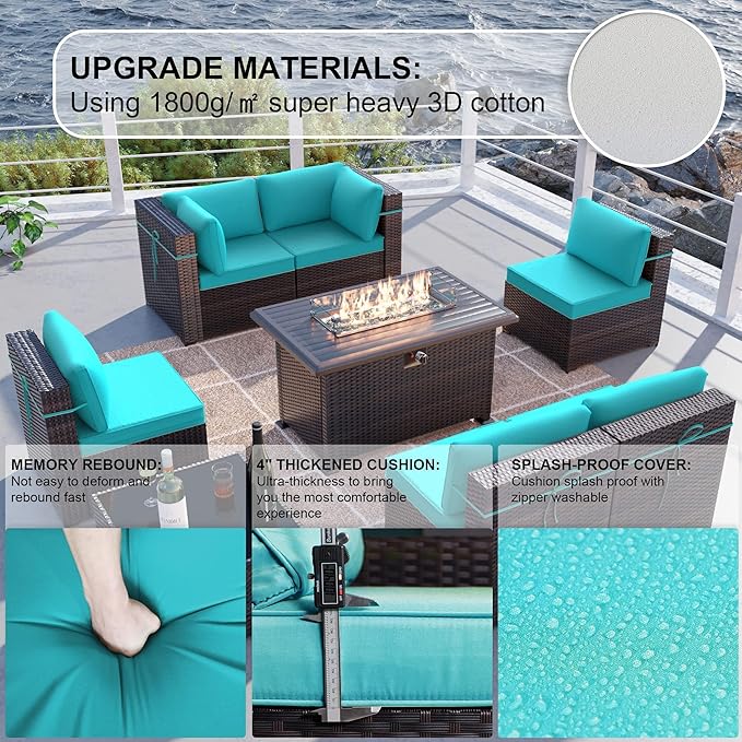 Kullavik 8 Pieces Outdoor Patio Furniture Set,Sectional Sofa Set with 43" 55000 BTU Gas Propane Fire Pit Table,Brown PE Rattan Wicker Patio Conversation Set,Turquoise Blue