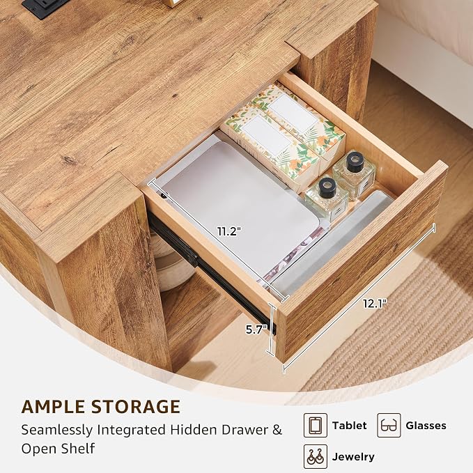 OKD 24" Modern Nightstands Set of 2, Large Wooden Night Stand with Charging Station & Drawer, Side Table Bedroom with Storage Shelf, Rustic End Table, Wood Thick Design, Gold Rustic Brown - Image 4